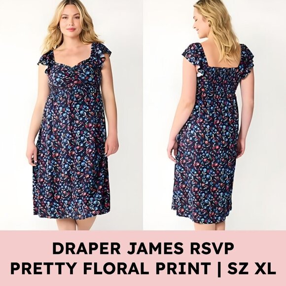 Draper James RSVP Smocked Midi Dress Navy Floral Print Women’s XL - Picture 1 of 9
